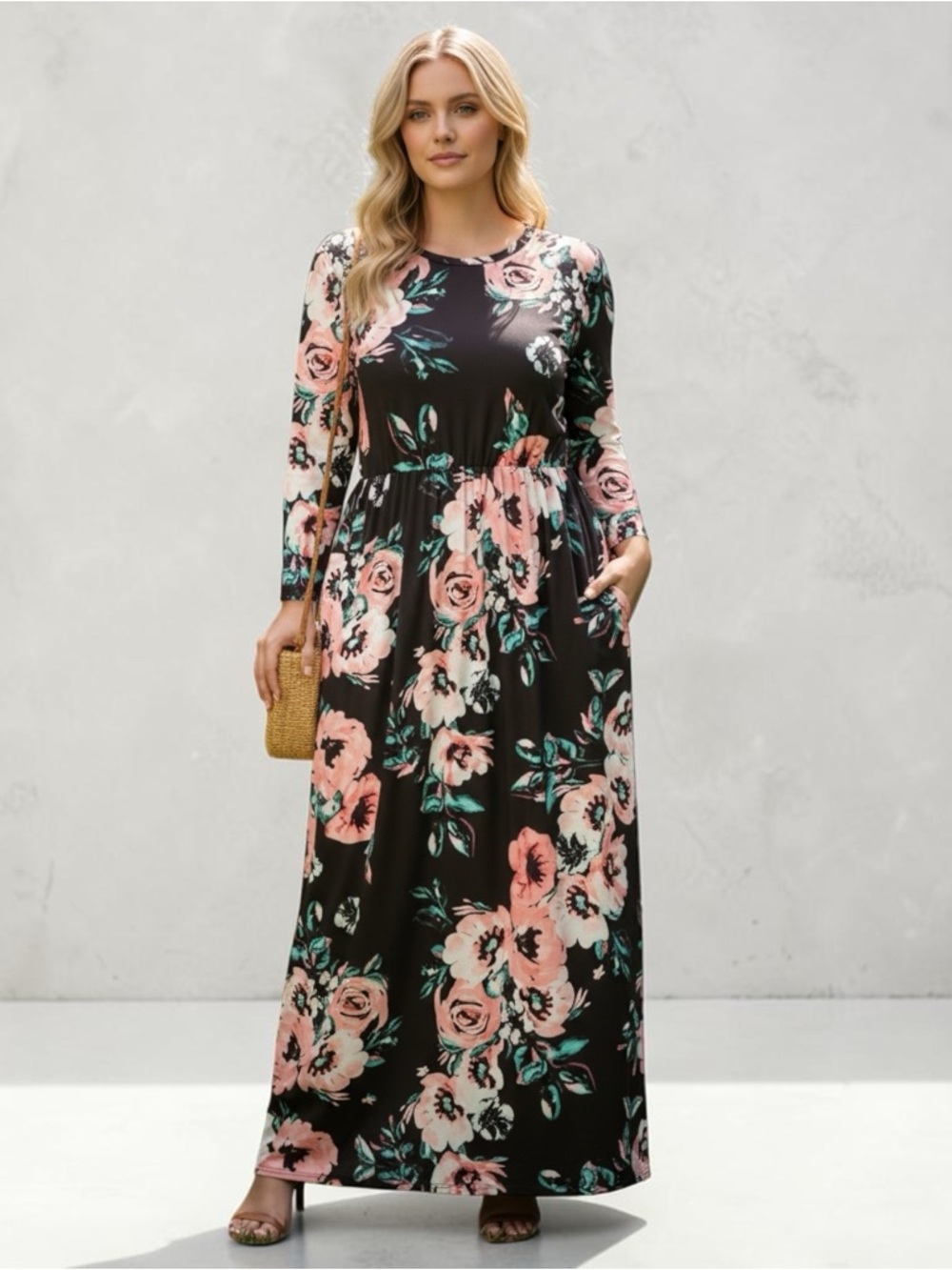 Floral Long Sleeve Maxi Dress in Black and Pink XL NWOT